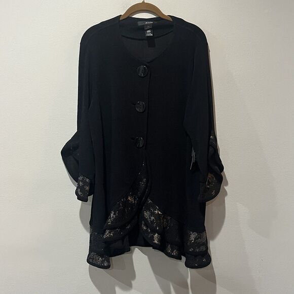 Ali Miles Blouse Jacket Women’s Large Black Metallic Button Up Ruffles Witchy - Picture 1 of 11